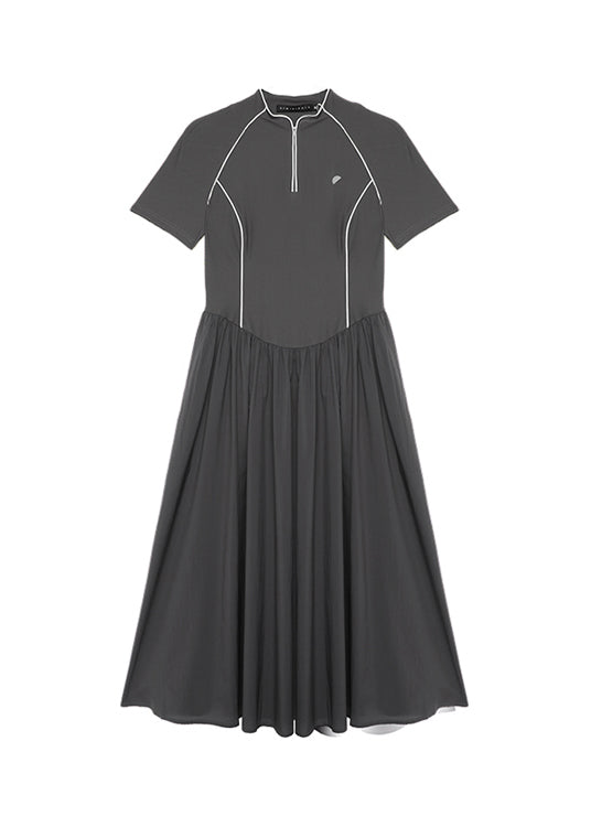 2025 Summer Dark Grey Stand Collar Wrinkled Splicing Dress