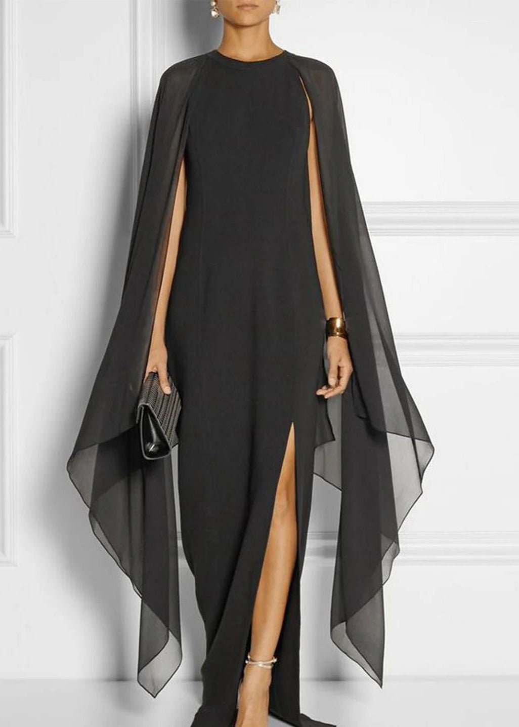 Elegant Thigh Split Hem Cloak Sleeve Maxi Dress