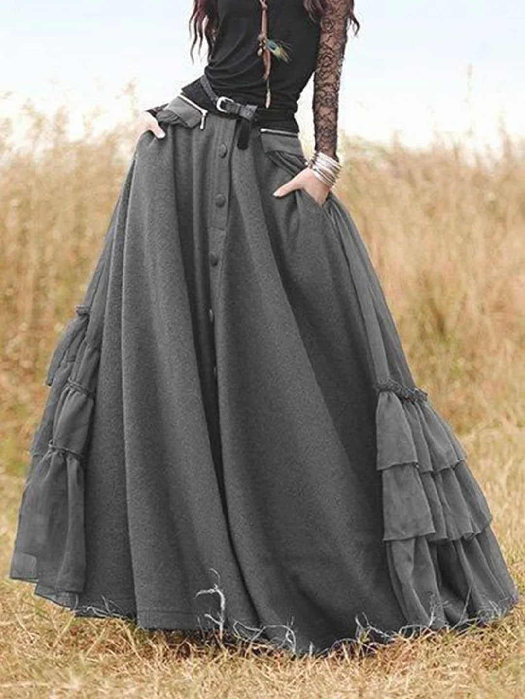 Grey Ruffle Trim Single Breasted Pocket Overlay Maxi Skirt