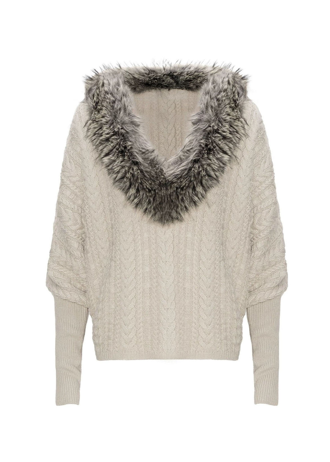 American Spicy Girl Bat Sleeve Fur Collar Patchwork Knitted Sweater