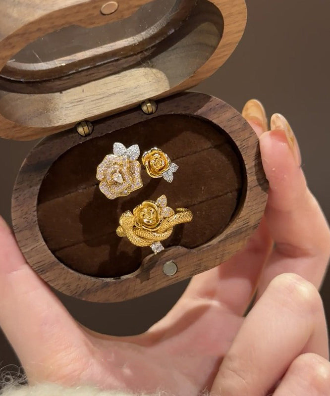 Antique Gold Zircon Floral Snake Rings Two Piece Set