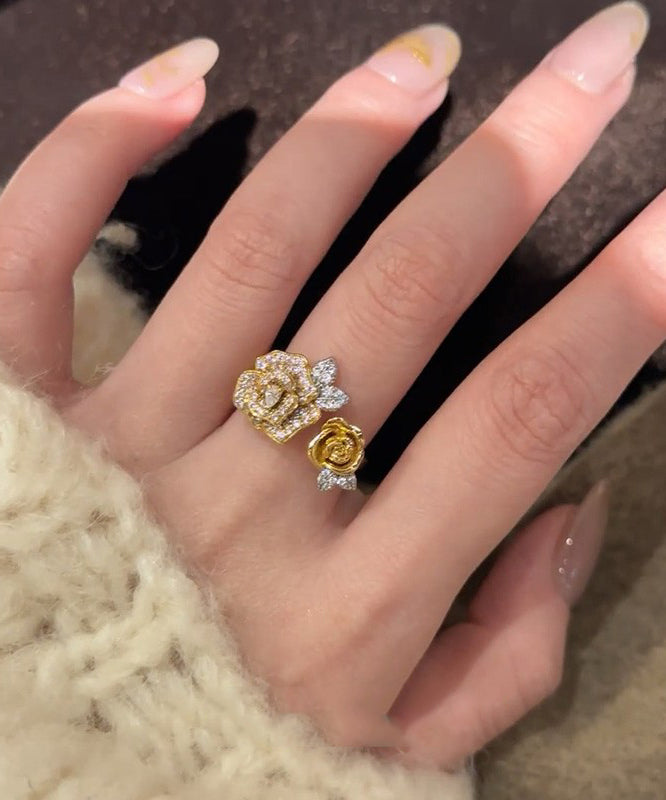 Antique Gold Zircon Floral Snake Rings Two Piece Set