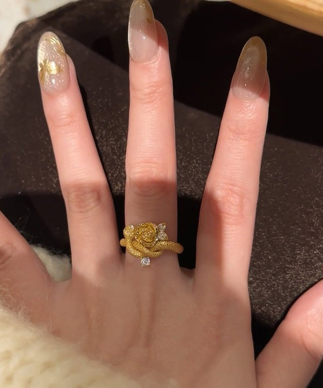 Antique Gold Zircon Floral Snake Rings Two Piece Set