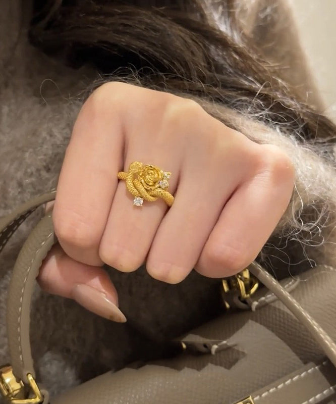 Antique Gold Zircon Floral Snake Rings Two Piece Set