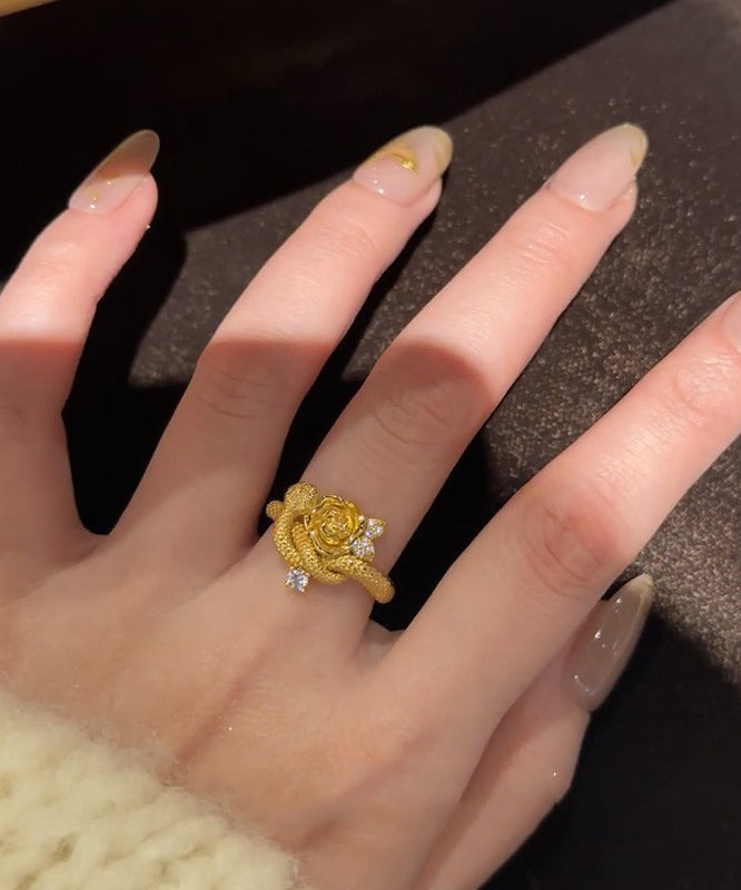 Antique Gold Zircon Floral Snake Rings Two Piece Set