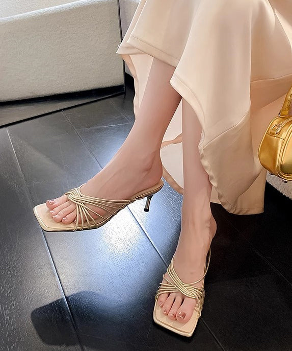 Apricot Faux Leather Splicing French Slide Sandals Peep Toe