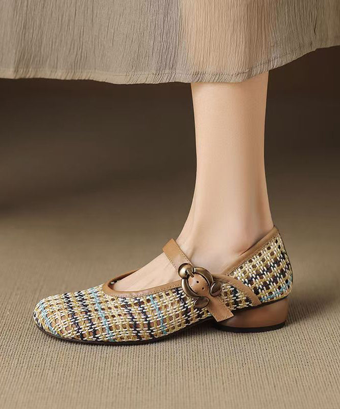Apricot Hollow Out Breathable Woven Cowhide Leather Sandals