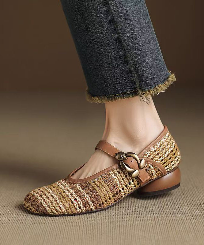 Apricot Hollow Out Breathable Woven Cowhide Leather Sandals