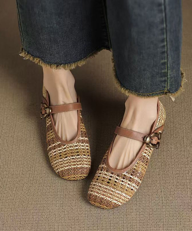 Apricot Hollow Out Breathable Woven Cowhide Leather Sandals