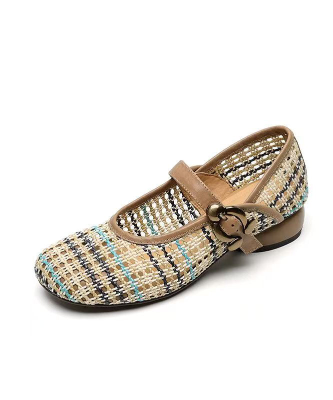 Apricot Hollow Out Breathable Woven Cowhide Leather Sandals