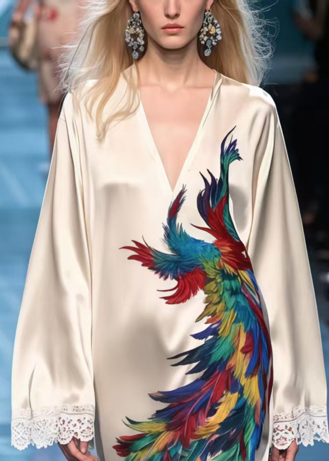 Apricot Patchwork Lace Day Dress Phoenix Print Spring