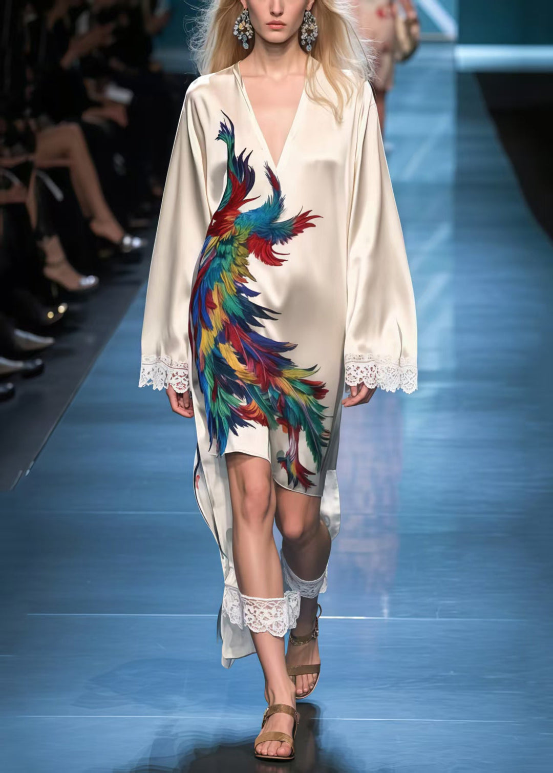 Apricot Patchwork Lace Day Dress Phoenix Print Spring