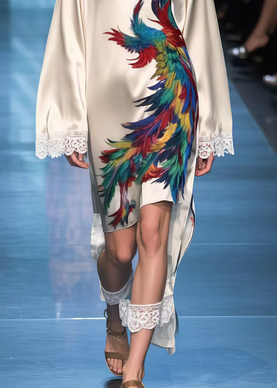 Apricot Patchwork Lace Day Dress Phoenix Print Spring