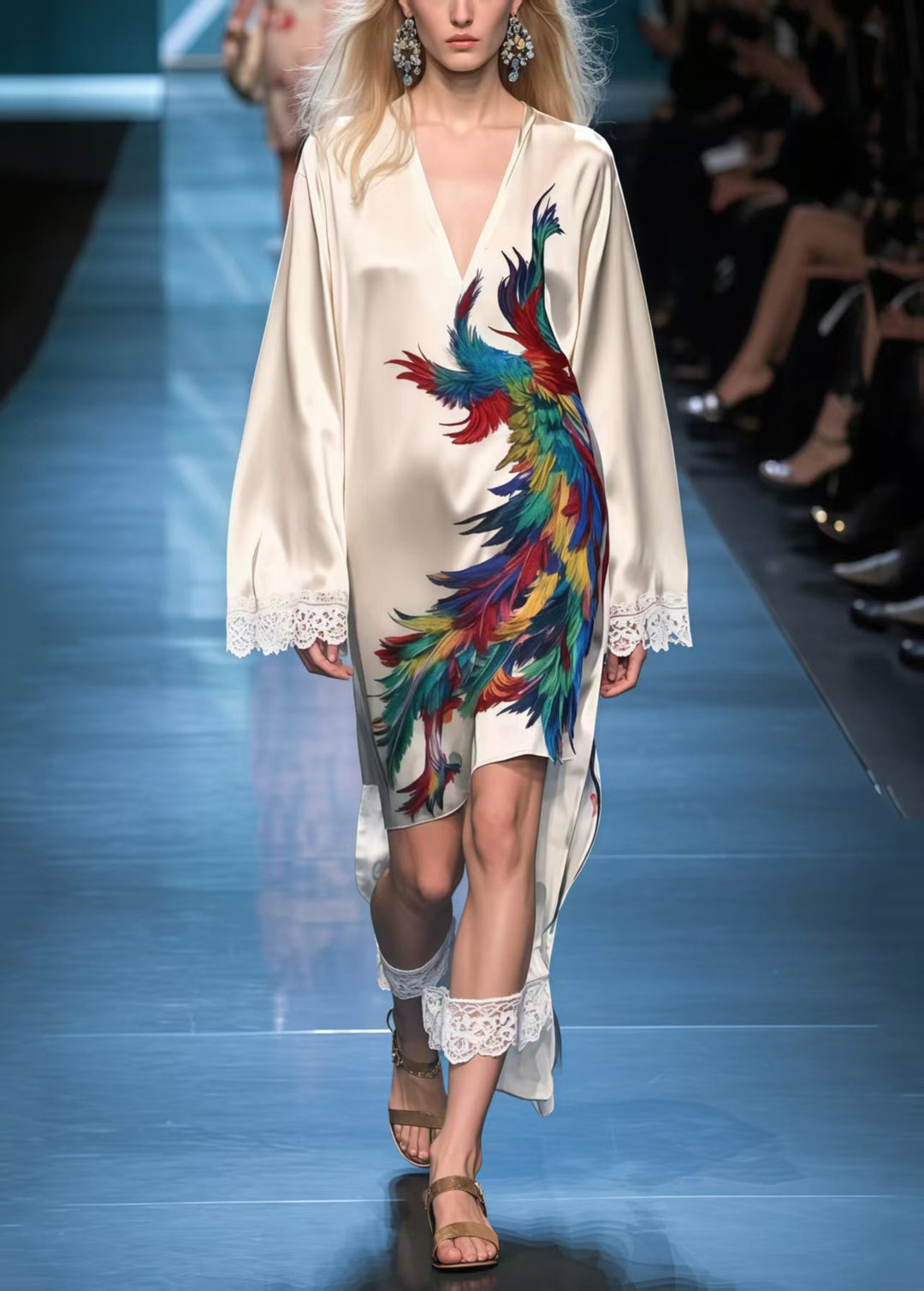 Apricot Patchwork Lace Day Dress Phoenix Print Spring