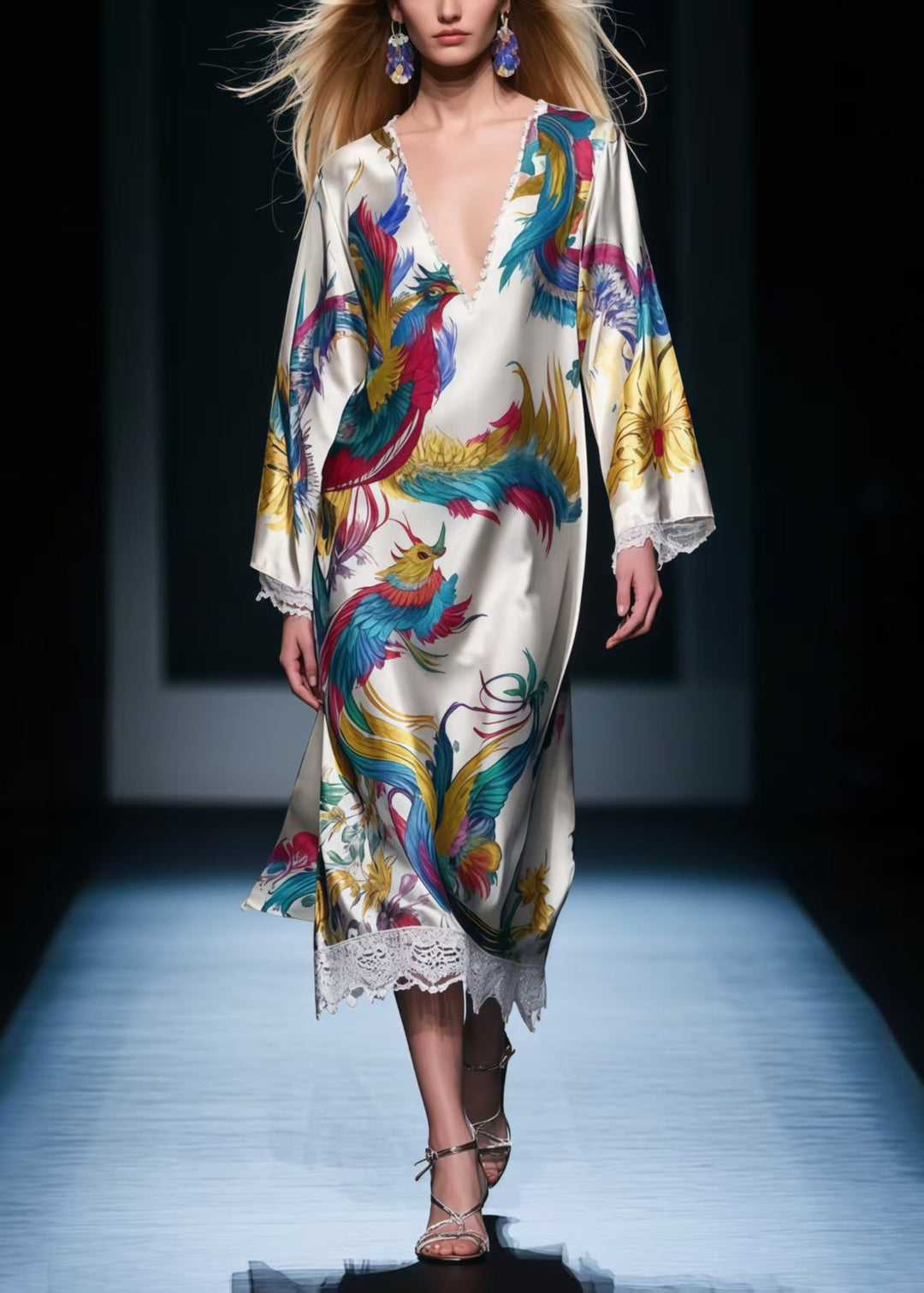 Apricot Patchwork Lace Holiday Dresses Phoenix Print Spring