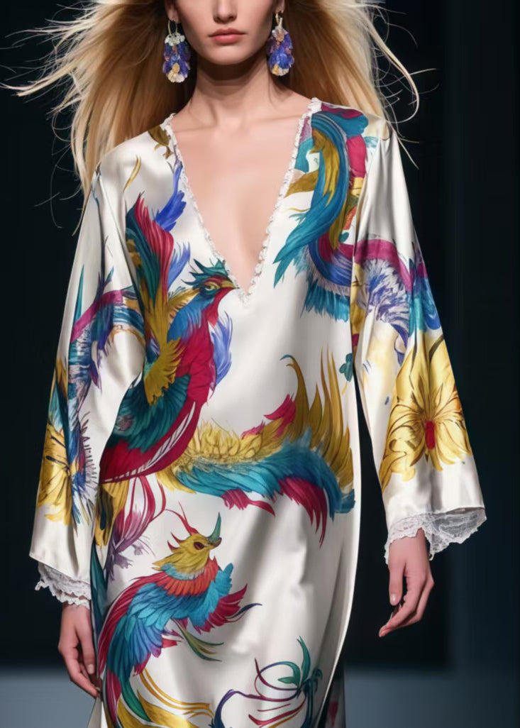 Apricot Patchwork Lace Holiday Dresses Phoenix Print Spring