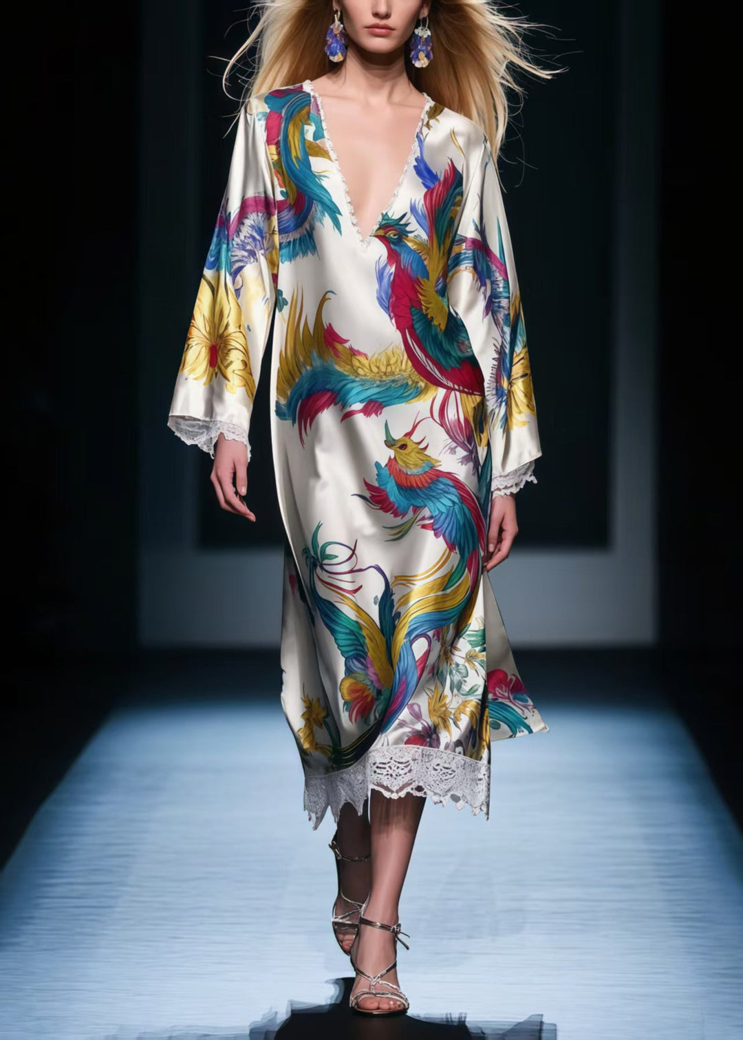 Apricot Patchwork Lace Holiday Dresses Phoenix Print Spring