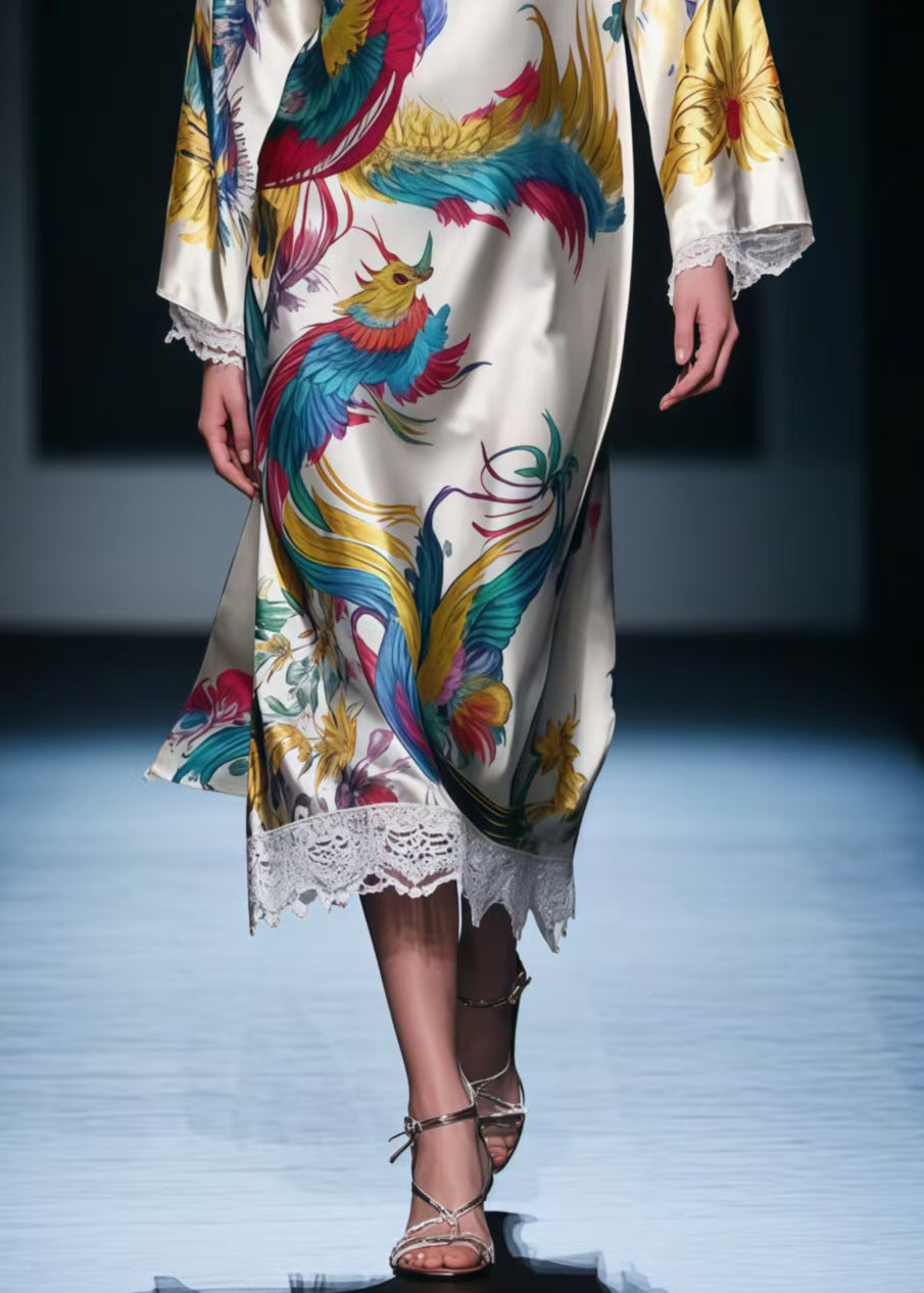 Apricot Patchwork Lace Holiday Dresses Phoenix Print Spring