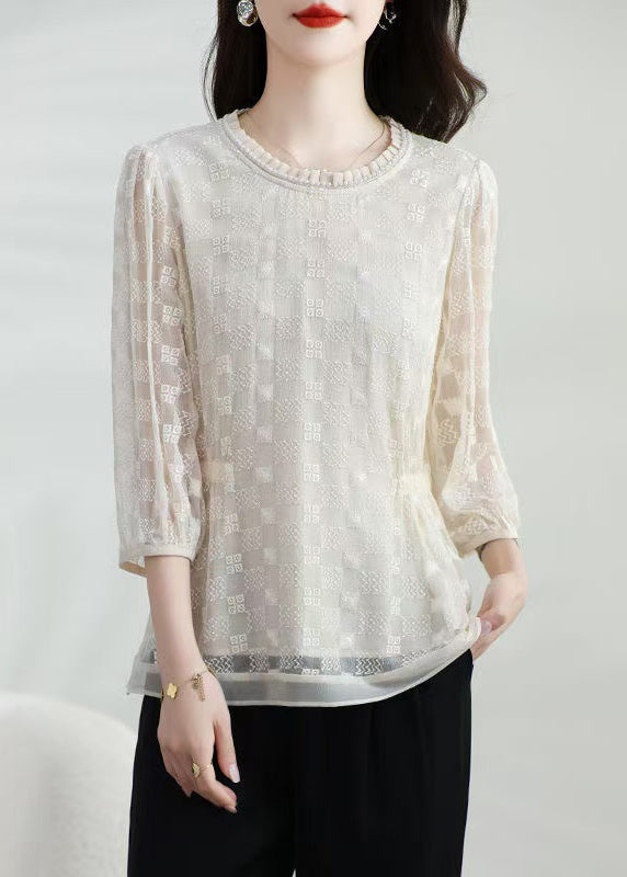Apricot Silk T Shirt Top Classy O Neck Embroidered Bracelet Sleeve