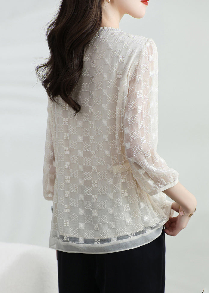 Apricot Silk T Shirt Top Classy O Neck Embroidered Bracelet Sleeve