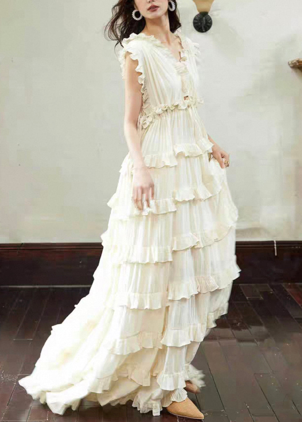 Art Beige Backless Ruffled Lace Up Cotton Long Dress Sleeveless