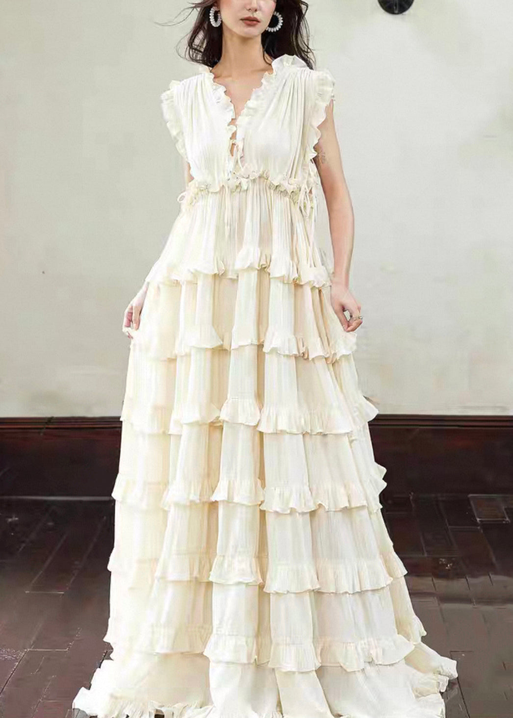 Art Beige Backless Ruffled Lace Up Cotton Long Dress Sleeveless