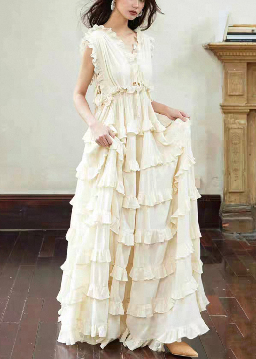 Art Beige Backless Ruffled Lace Up Cotton Long Dress Sleeveless