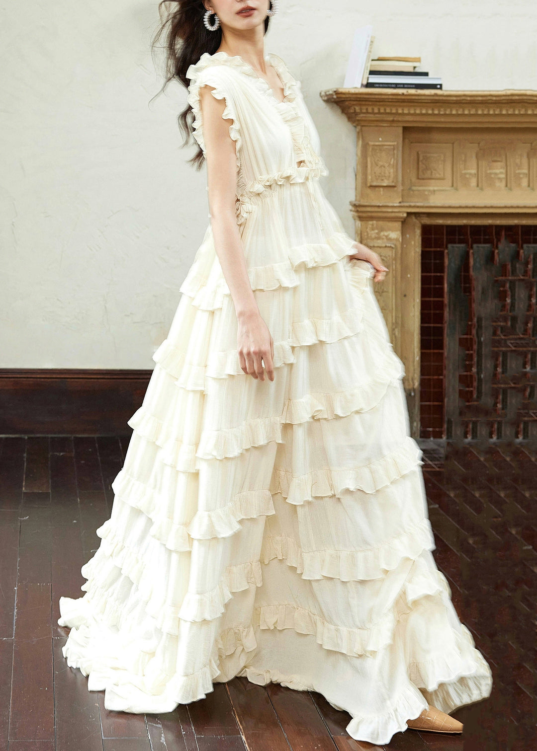 Art Beige Backless Ruffled Lace Up Cotton Long Dress Sleeveless