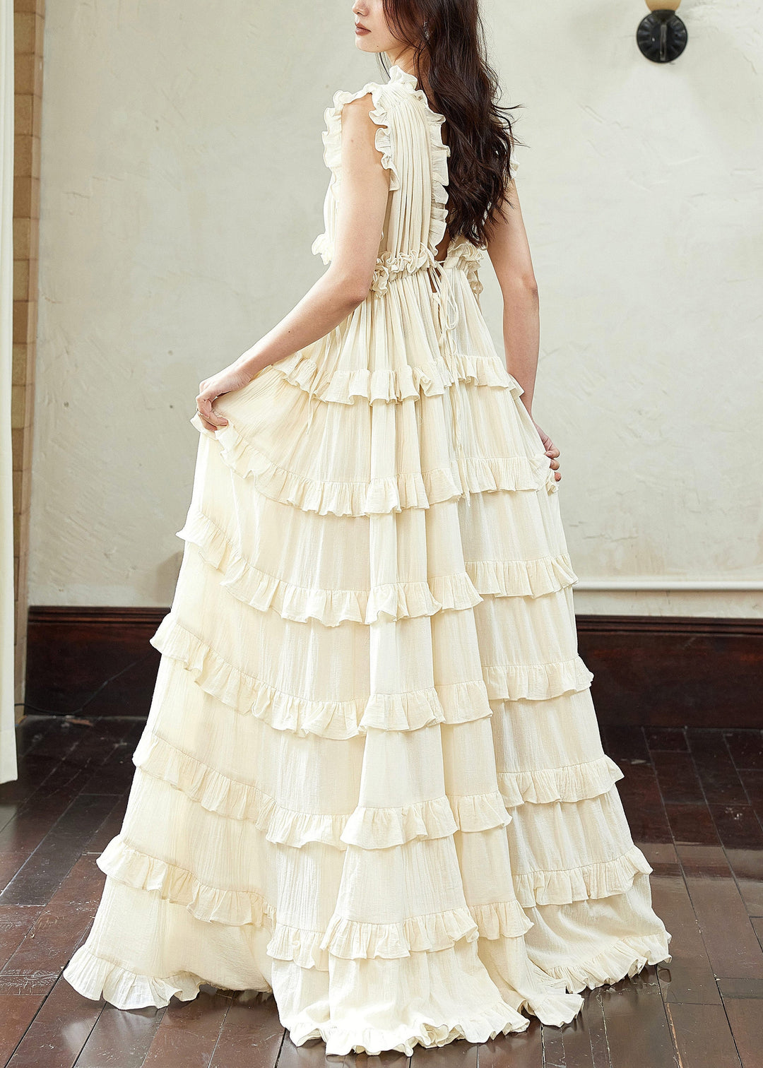 Art Beige Backless Ruffled Lace Up Cotton Long Dress Sleeveless