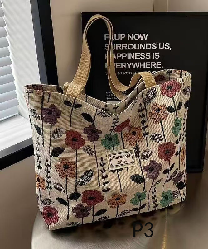 Art Beige Jacquard Large Capacity Canvas Tote Handbag