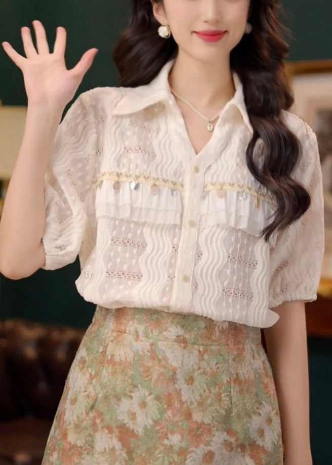 Art Beige Sequins Hollow Out Lace Cotton Blouses Summer