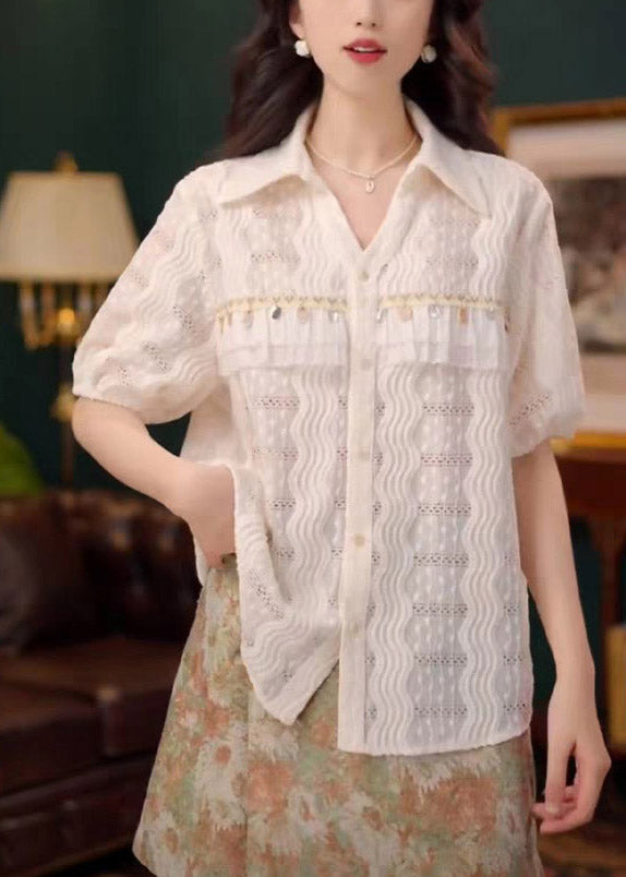 Art Beige Sequins Hollow Out Lace Cotton Blouses Summer