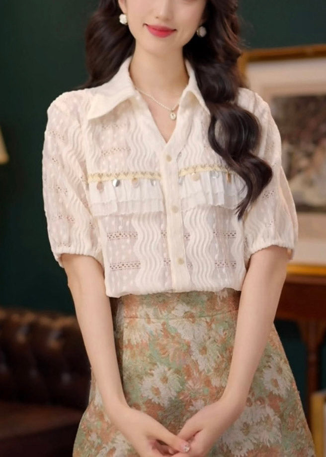 Art Beige Sequins Hollow Out Lace Cotton Blouses Summer