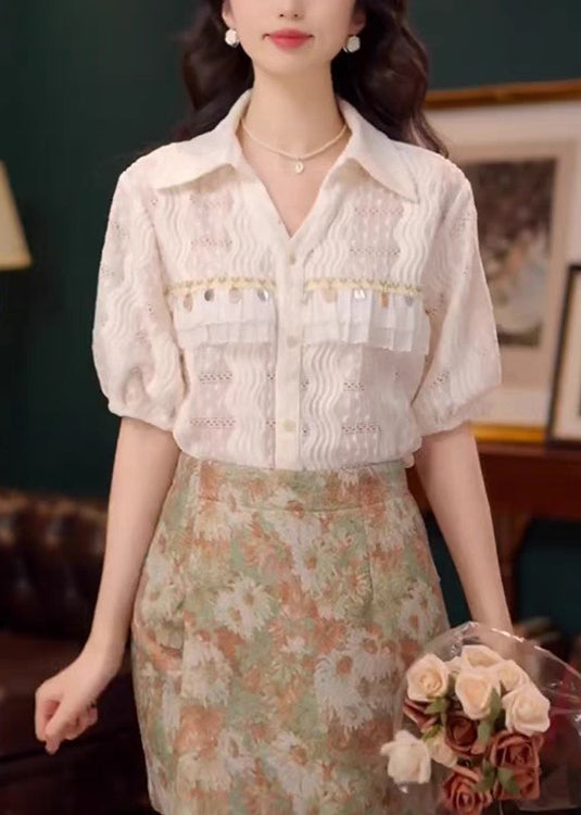 Art Beige Sequins Hollow Out Lace Cotton Blouses Summer