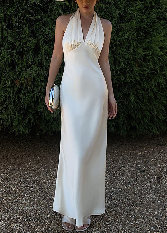 Art Beige V Neck Backless Solid Silk Long Dresses Sleeveless