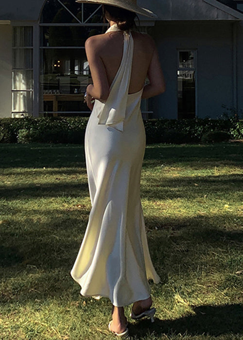 Art Beige V Neck Backless Solid Silk Long Dresses Sleeveless