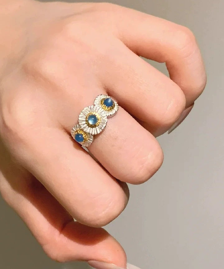 Art Blue Alloy Zircon Chalcedony Little Daisy Rings