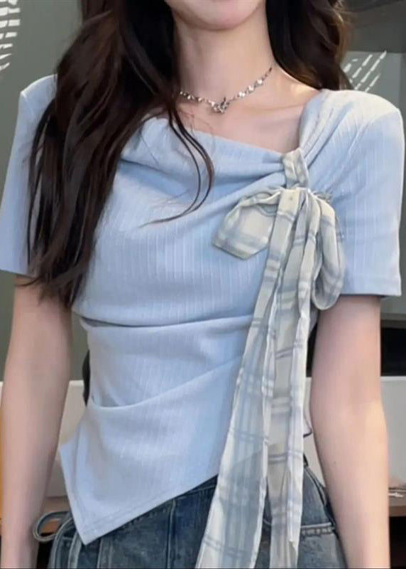 Art Blue Asymmetrical Bow Cotton T Shirts Summer