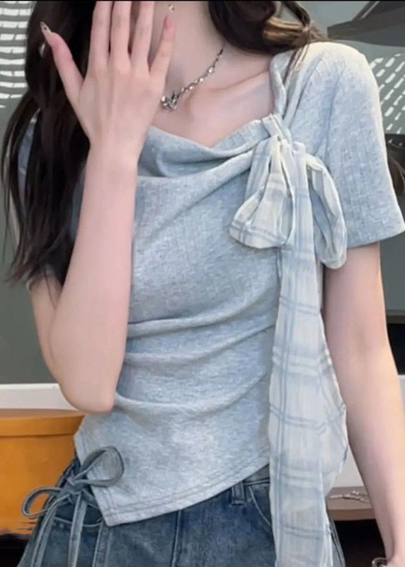 Art Blue Asymmetrical Bow Cotton T Shirts Summer