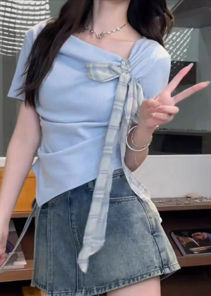 Art Blue Asymmetrical Bow Cotton T Shirts Summer