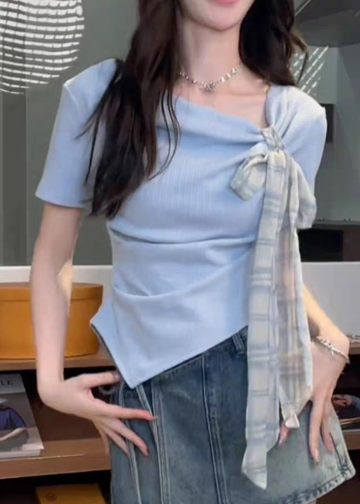 Art Blue Asymmetrical Bow Cotton T Shirts Summer