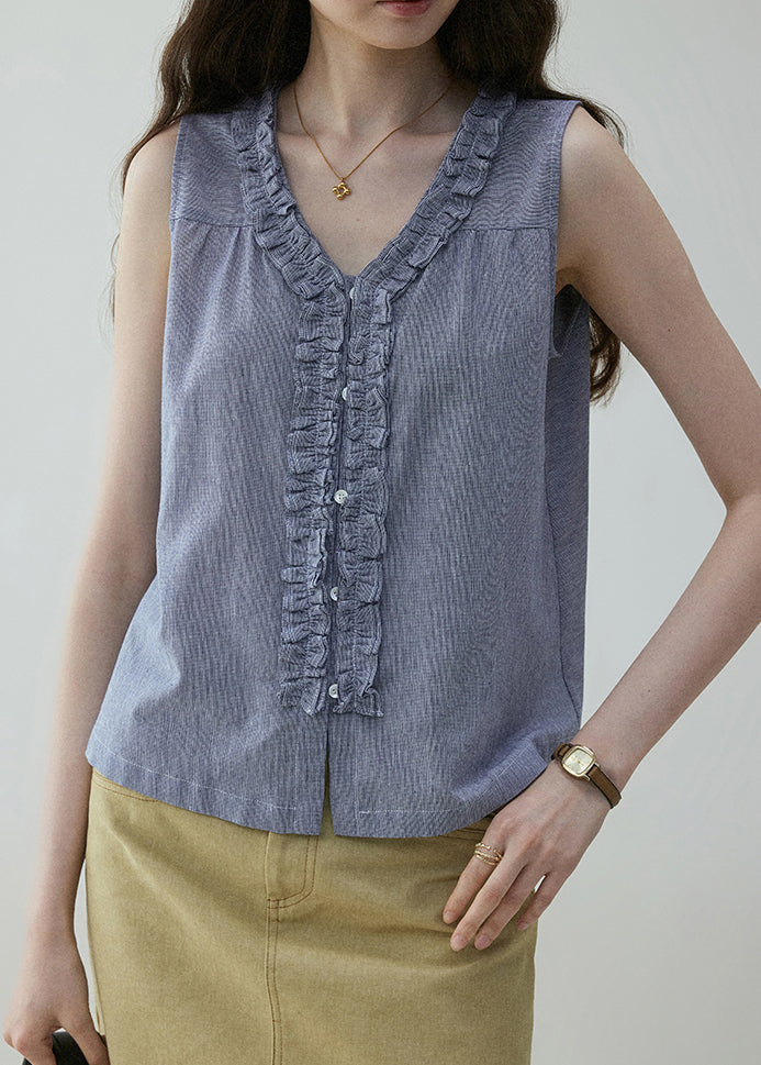Art Blue Ruffled Button Wear On Both Sides Cotton Blouses Sleeveless