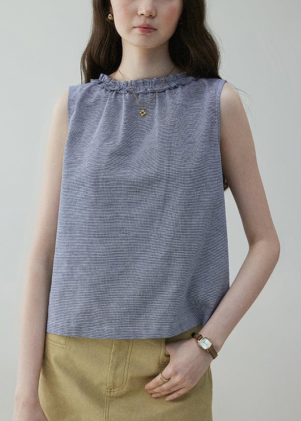 Art Blue Ruffled Button Wear On Both Sides Cotton Blouses Sleeveless