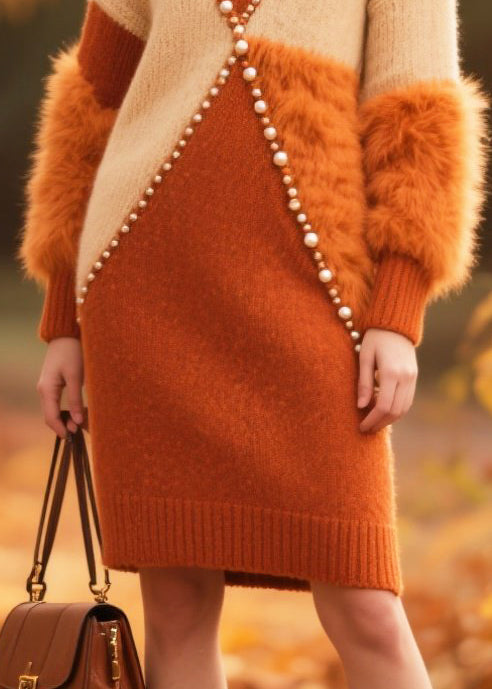 Art Brown Patchwork Faux Fur Nail Bead Sweater Dress Winter