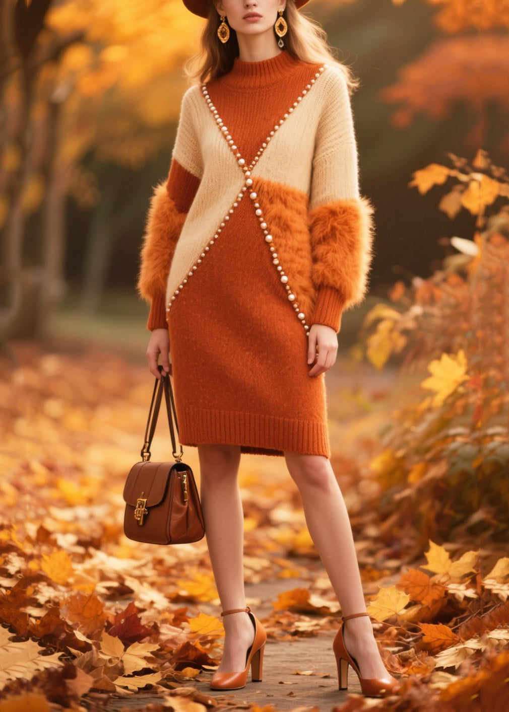 Art Brown Patchwork Faux Fur Nail Bead Sweater Dress Winter