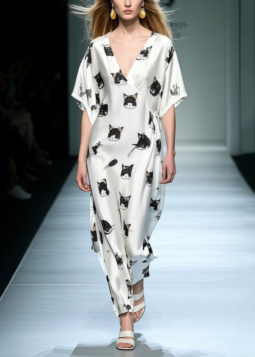 Art Cat Print Lace Up Silk Loose Dress Summer