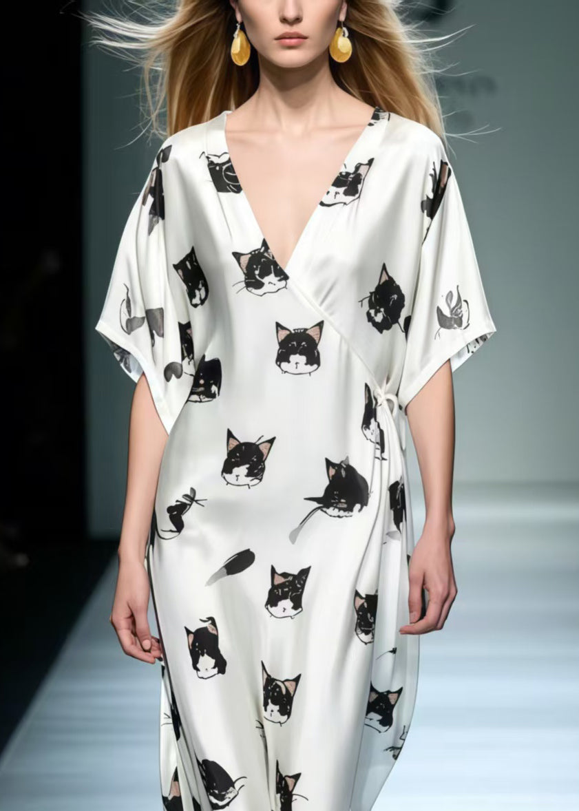 Art Cat Print Lace Up Silk Loose Dress Summer