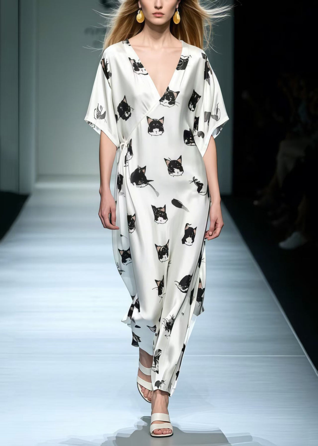 Art Cat Print Lace Up Silk Loose Dress Summer