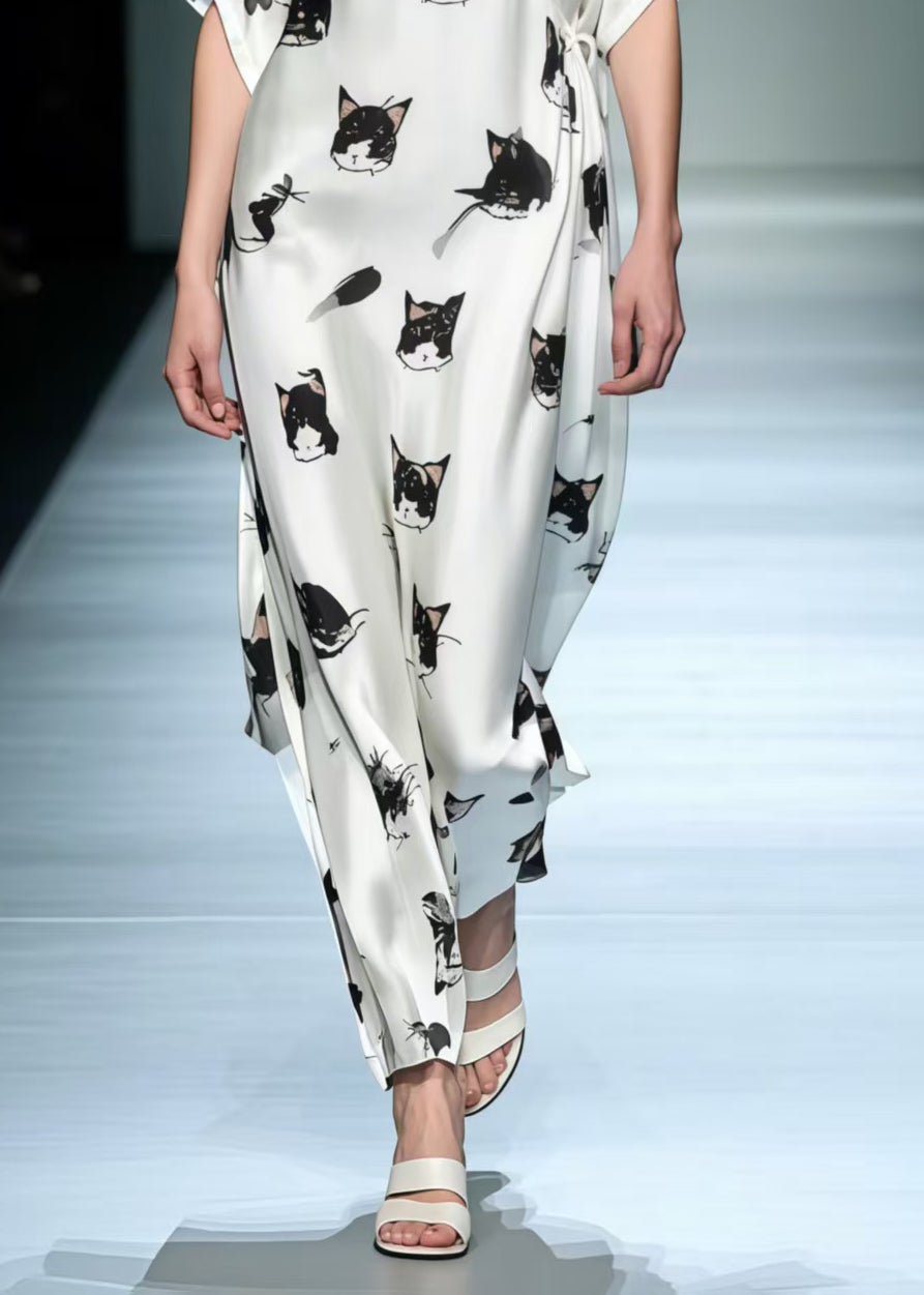 Art Cat Print Lace Up Silk Loose Dress Summer