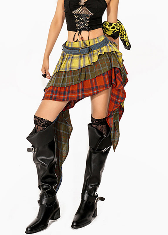 Art Colorblock Asymmetrical Plaid Maxi Skirts Summer